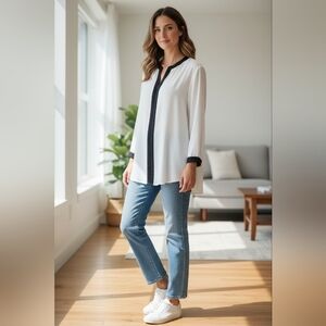 White Chicos Top Black Accent 100% Polyester Size 2 Large/12 Button Up Elegant